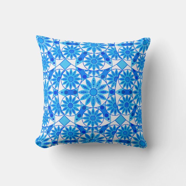 Mandala pattern, cobalt, turquoise and white throw pillow (Front)