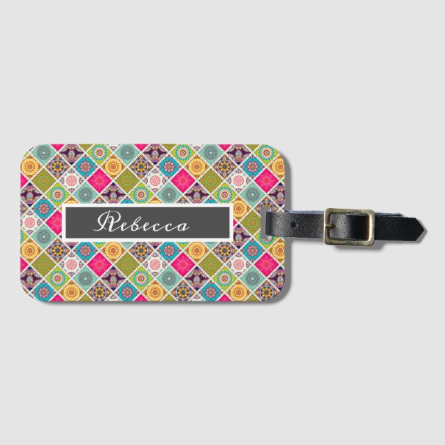 Mandala pattern colourful Moroccan name Luggage Tag (Front Horizontal)