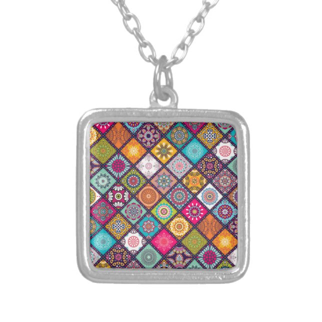 Mandala pattern colourful Moroccan Silver Plated Necklace (Front)