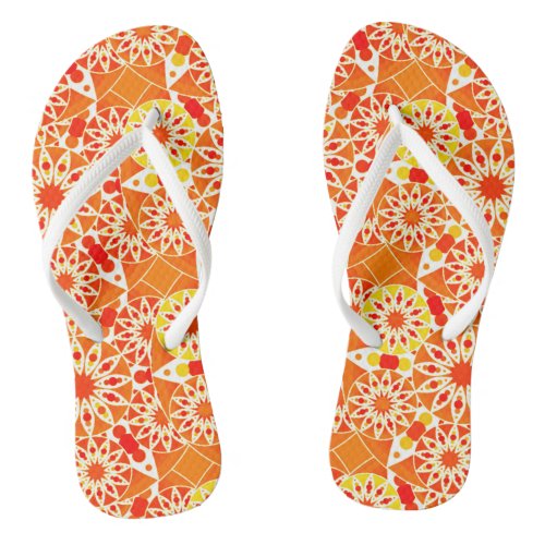 Mandala pattern Coral Orange and Gold Flip Flops