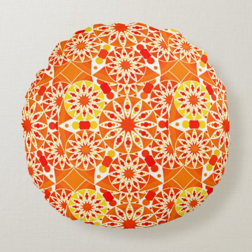 Mandala pattern Coral Orange and Gold Round Pillow