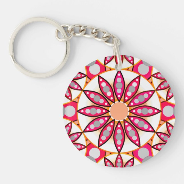 Mandala pattern, coral, peach, white and grey keychain (Front)