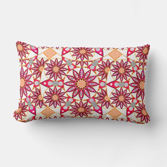 Mandala pattern, coral, peach, white and grey lumbar pillow (Front)