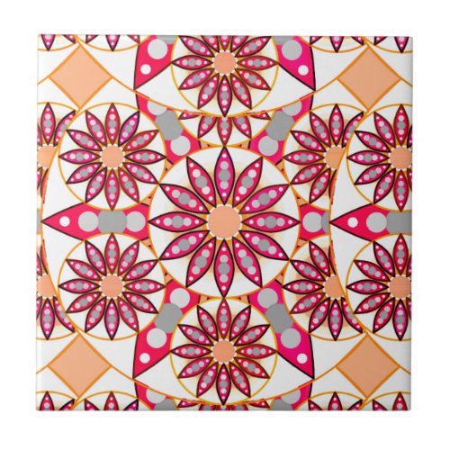 Mandala pattern coral peach white and grey tile