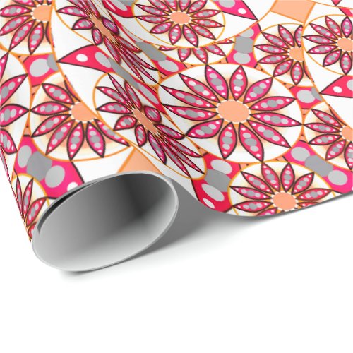 Mandala pattern coral peach white and grey wrapping paper