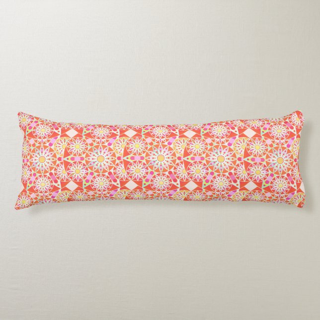 Mandala pattern, coral red, pink, gold body pillow (Front)
