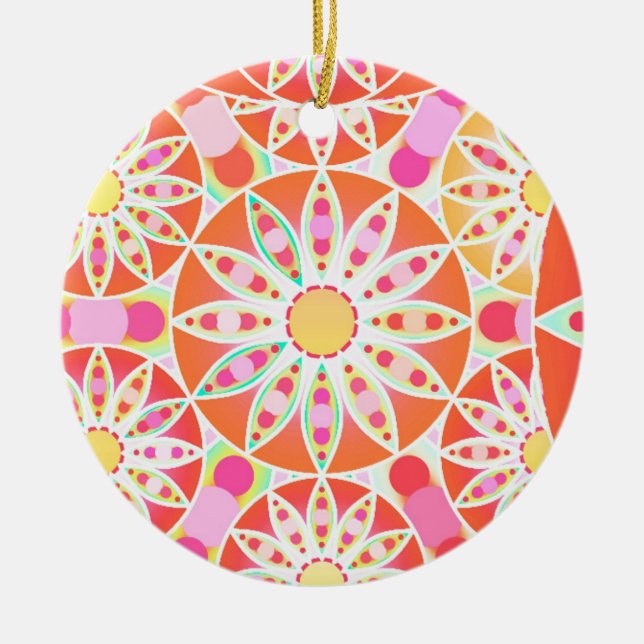 Mandala pattern, coral red, pink, gold ceramic ornament (Front)
