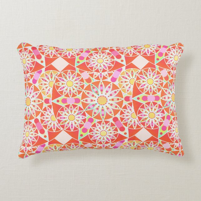 Mandala pattern, coral red, pink, gold decorative pillow (Front)