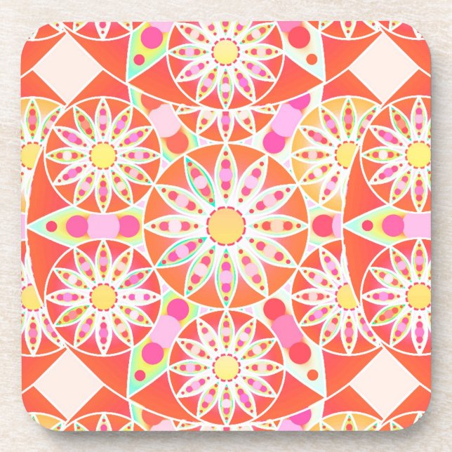 Mandala pattern, coral red, pink, gold drink coaster (Front)