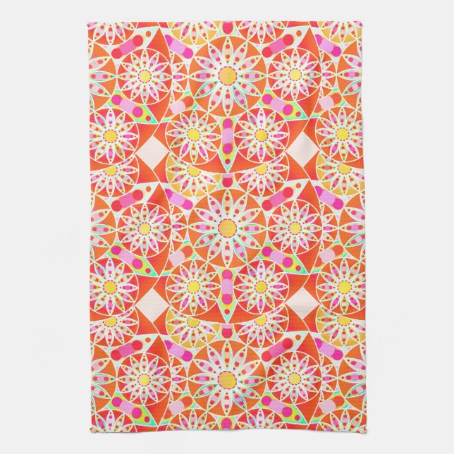 Mandala Pattern, Coral Red, Pink, Gold Kitchen Towel (Vertical)