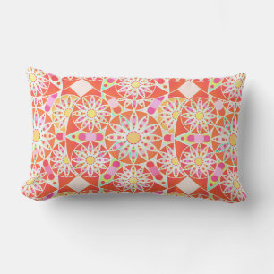 Mandala pattern, coral red, pink, gold lumbar pillow
