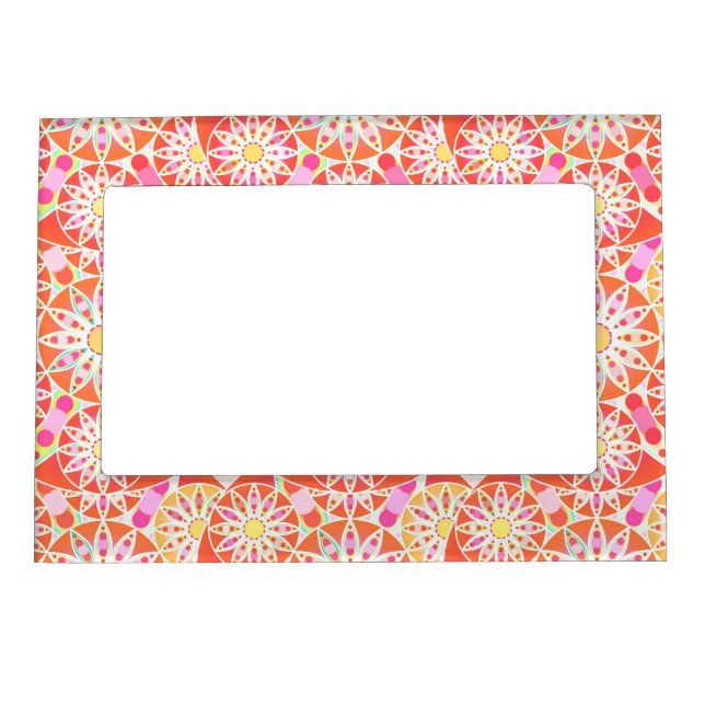 Mandala pattern, coral red, pink, gold magnetic picture frame (Front)