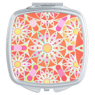 Mandala pattern, coral red, pink, gold makeup mirror
