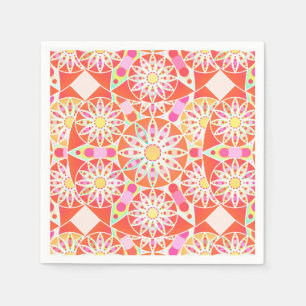 Mandala pattern, coral red, pink, gold paper napkins