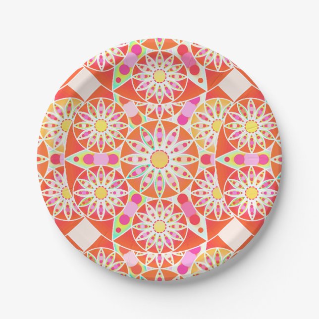 Mandala pattern, coral red, pink, gold paper plates (Front)