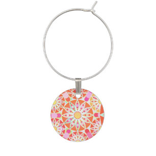 Mandala pattern, coral red, pink, gold wine glass charm