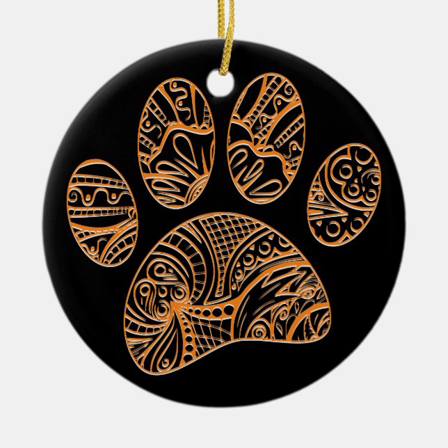 Mandala Pattern Dog Paw Print Ceramic Ornament (Front)