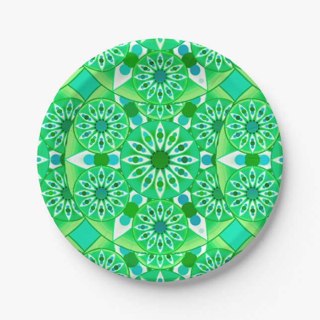 Mandala pattern, Emerald green and peacock Paper Plates (Front)