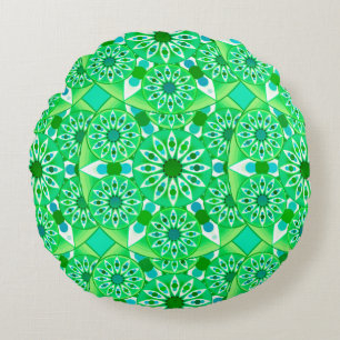 Mandala pattern, Emerald green and peacock Round Pillow