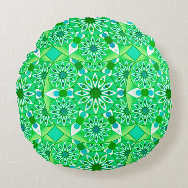 Mandala pattern, Emerald green and peacock Round Pillow (Front)