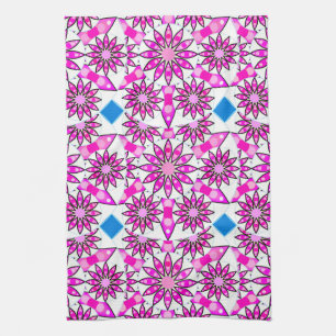 Mandala Pattern, Hot Pink, Black and White Kitchen Towel