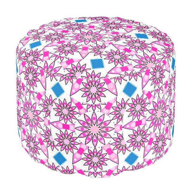 Mandala pattern, hot pink, black and white pouf (Angled Front)