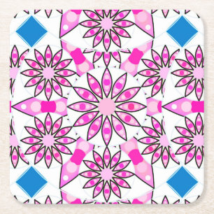 Mandala pattern, hot pink, black and white square paper coaster