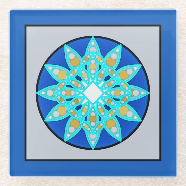 Mandala Pattern in Blue, Gray and Turquoise   Glass Coaster (Front)