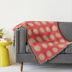 Mandala pattern in camel, dark red and white throw blanket
