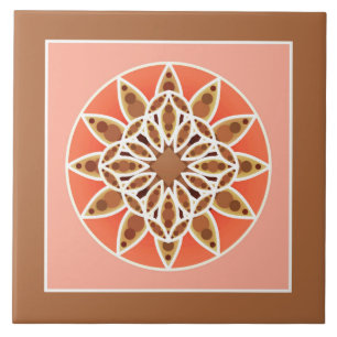 Mandala pattern in chocolate, caramel and coral ceramic tile