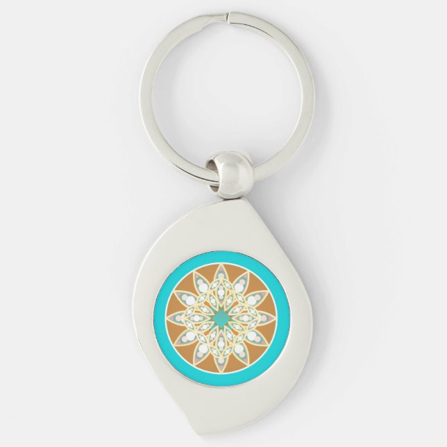Mandala pattern in chocolate, tan and turquoise keychain (Front)