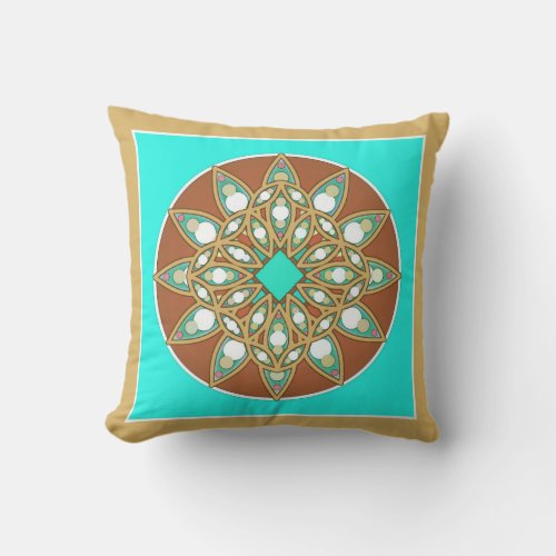 Mandala pattern in chocolate tan and turquoise throw pillow