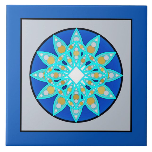 Mandala Pattern in Cobalt Blue and Gray / Grey Ceramic Tile (Front)