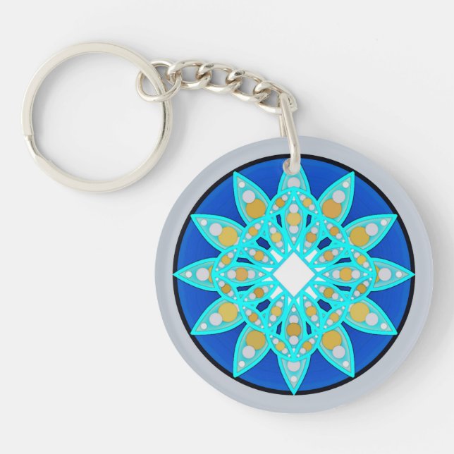 Mandala pattern in cobalt, grey and turquoise keychain (Front)