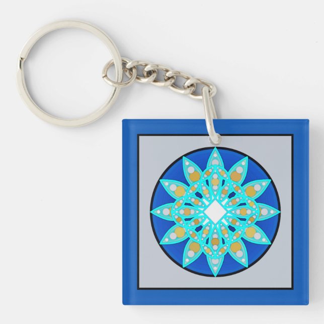 Mandala pattern in cobalt, grey and turquoise keychain (Front)
