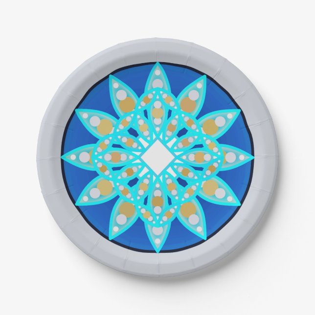 Mandala pattern in cobalt, grey and turquoise paper plates (Front)