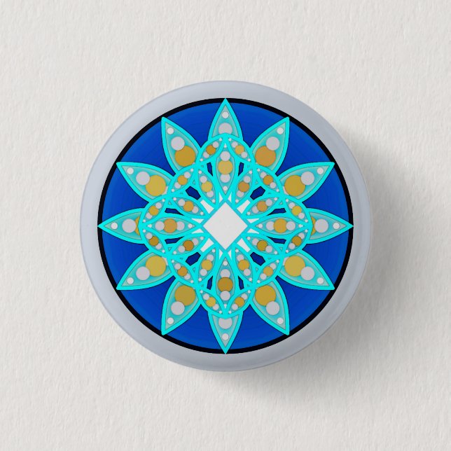 Mandala pattern in cobalt, grey and turquoise pinback button (Front)
