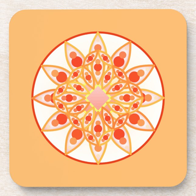 Mandala Pattern in Coral, Orange and Gold Beverage Coaster (Front)