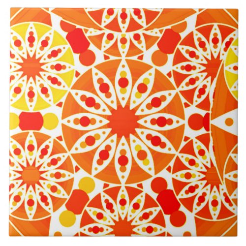 Mandala Pattern in Coral Orange and Gold Ceramic Tile