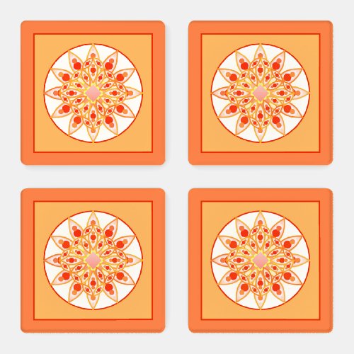 Mandala Pattern in Coral Orange and Gold Coaster Set