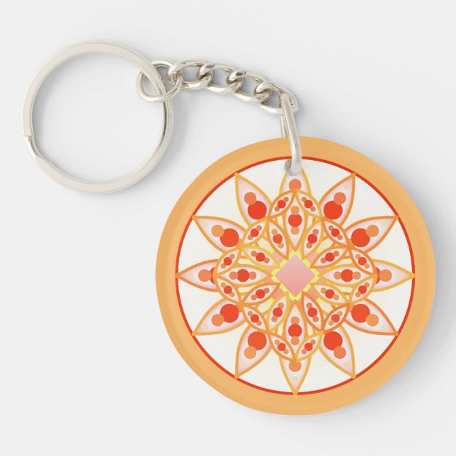 Mandala pattern in coral, orange and gold keychain (Front)