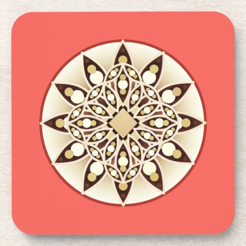 Mandala pattern in coral pink chocolate and tan beverage coaster