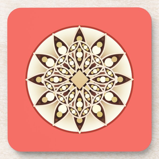 Mandala pattern in coral pink, chocolate and tan beverage coaster (Front)