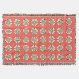 Mandala pattern in coral pink, chocolate and tan throw blanket
