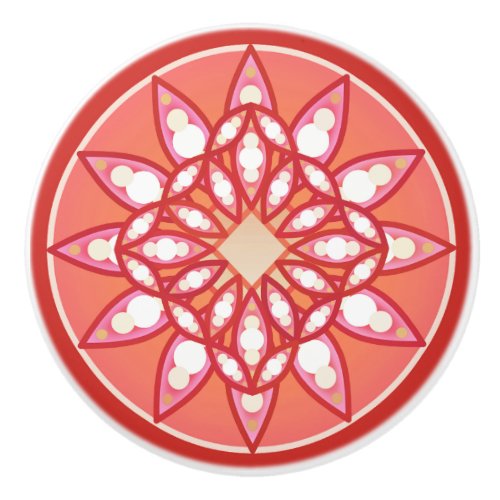 Mandala pattern in coral pink dark red  white ceramic knob