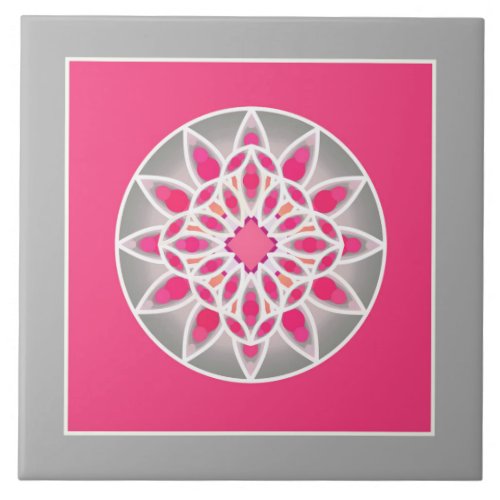 Mandala Pattern in Fuchsia Pink Grey and White Ceramic Tile