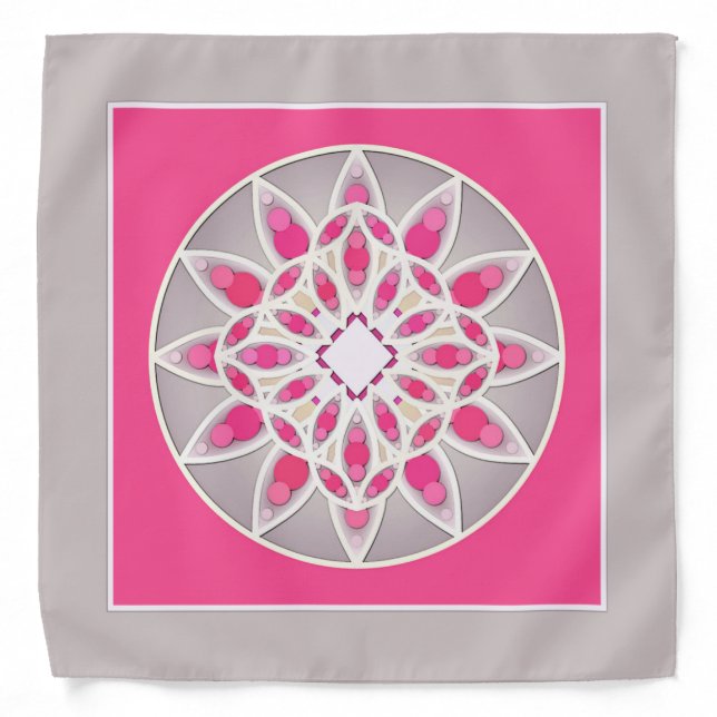 Mandala pattern in fuchsia pink, white and grey bandana (Front)