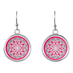 Mandala pattern in fuchsia pink, white and grey earrings