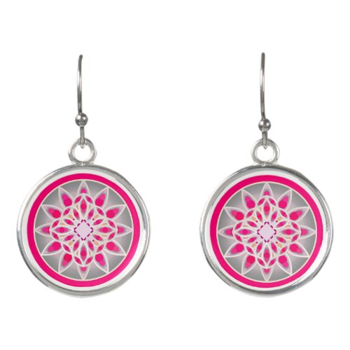 Mandala pattern in fuchsia pink white and grey earrings