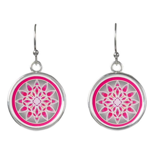 Mandala pattern in fuchsia pink, white and grey earrings (Front)